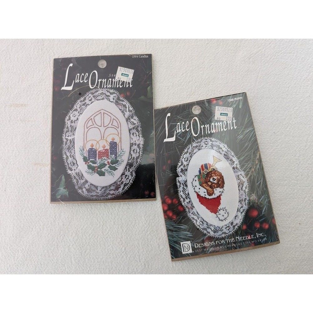 2 DMC Counted Cross Stitch Kit Lace Ornament 1248 Puppy 1304 Candles Christmas